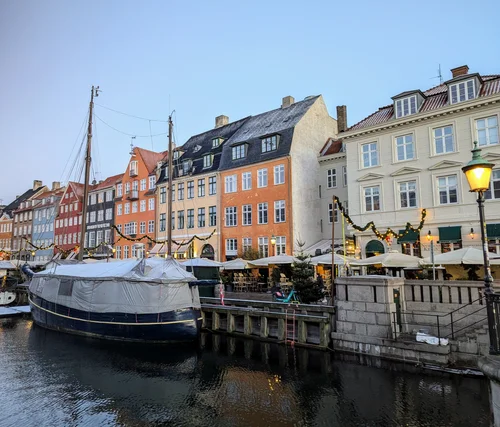 A colorful European harbor in Copenhagen.