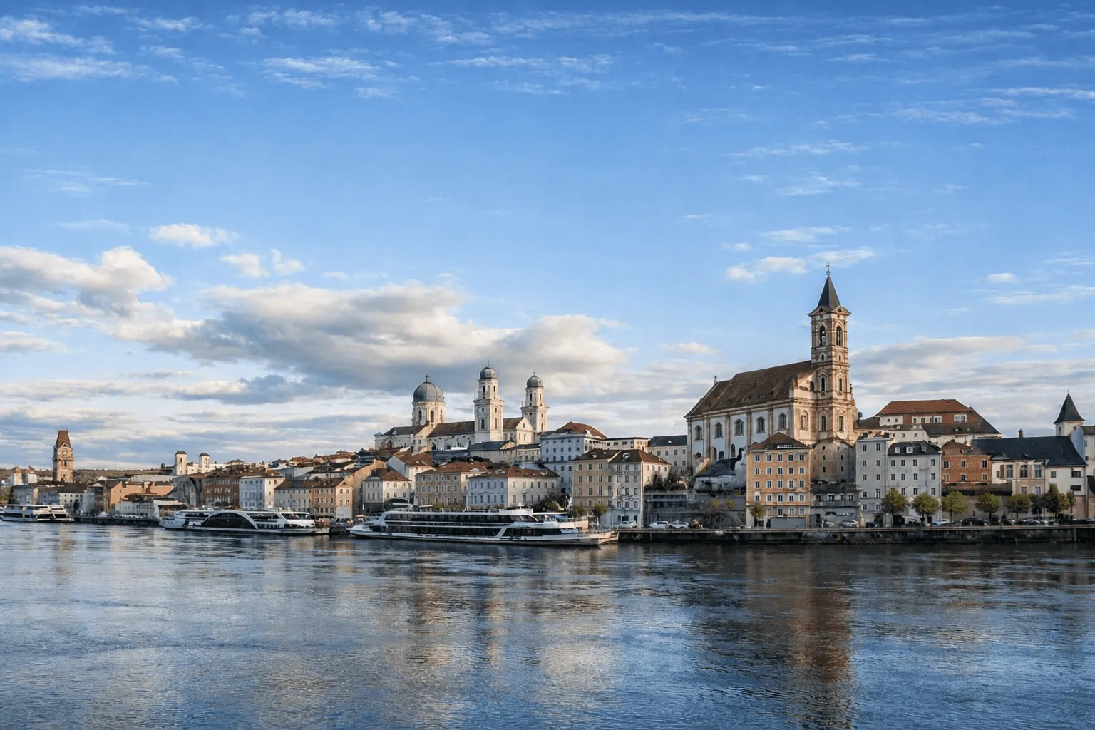 Scenic view of a European city skyline along a river, with colorful buildings and church towers.